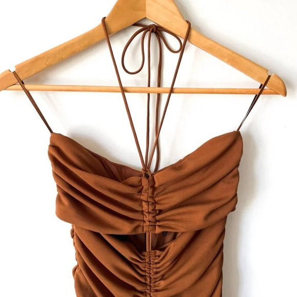 Zara Ruched Cut Out Halter Tie Mini Dress Brown Size Medium - Picture 7 of 11